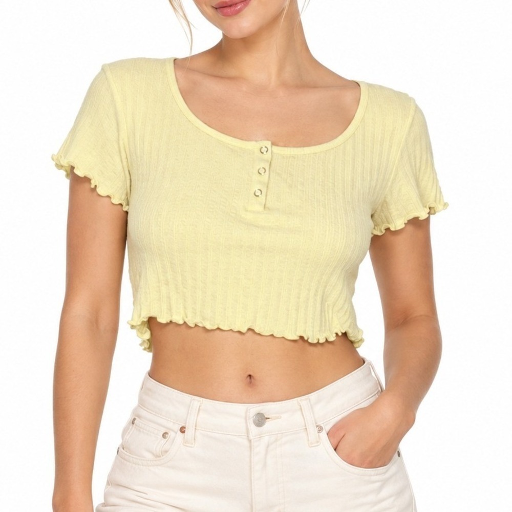 BP Henley Crop Top Women M Yellow Ribbed Lettuce Edge Festival Short Sleeve